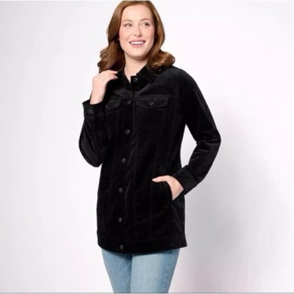 NWT Denim & Co. Stretch Velveteen Regular Long Jacket Black Medium - Picture 1 of 8